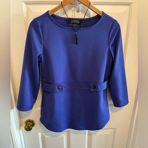Kasper Blue Knit Top, Small, Bateau Neck, 3/4 Sleeves